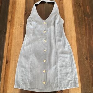 Monteau Linen Blend Backless Blueish Gray Striped Dress Large